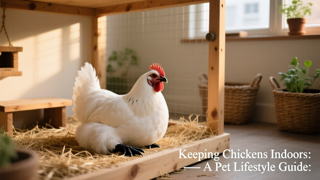 A serene Silkie hen resting comfortably in a softly lit, custom-built indoor coop with straw bedding and a low perch