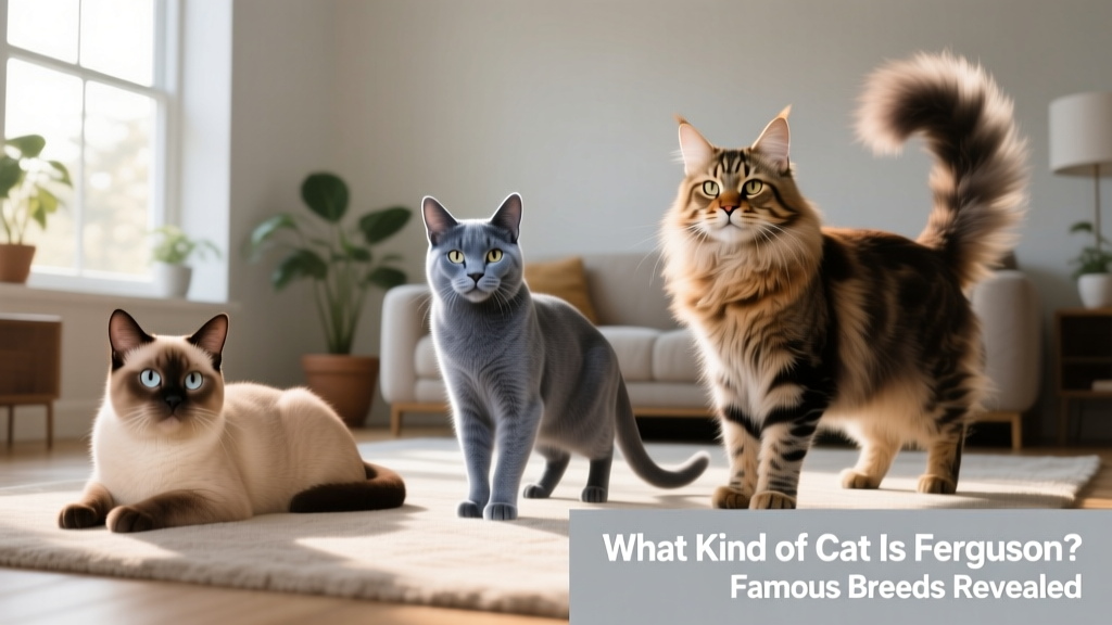 Side-by-side comparison of three cats: an Exotic Shorthair, a Russian Blue, and a Maine Coon — all relaxed and alert, illustrating breed diversity