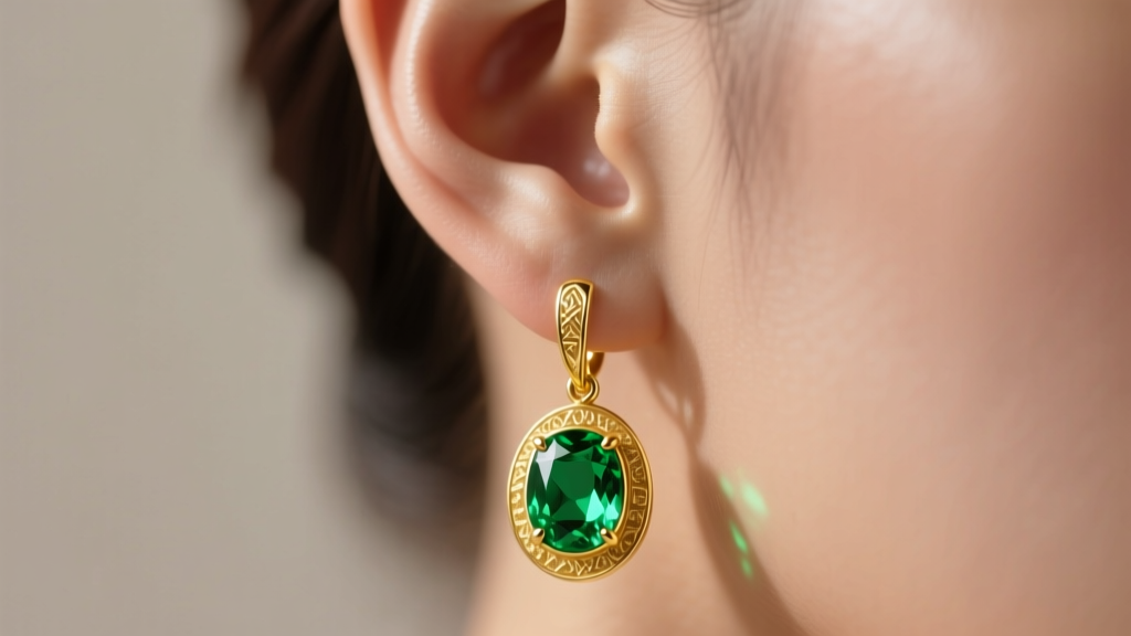 Close-up of an ear wearing 18k yellow gold emerald drop earrings, soft lighting highlighting vivid green gemstones and gold.