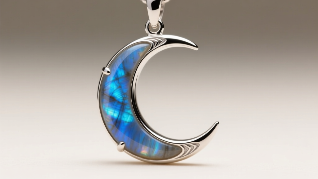 Macro view of 925 silver crescent moon pendant with labradorite inlay showing blue adularescence under soft studio light.