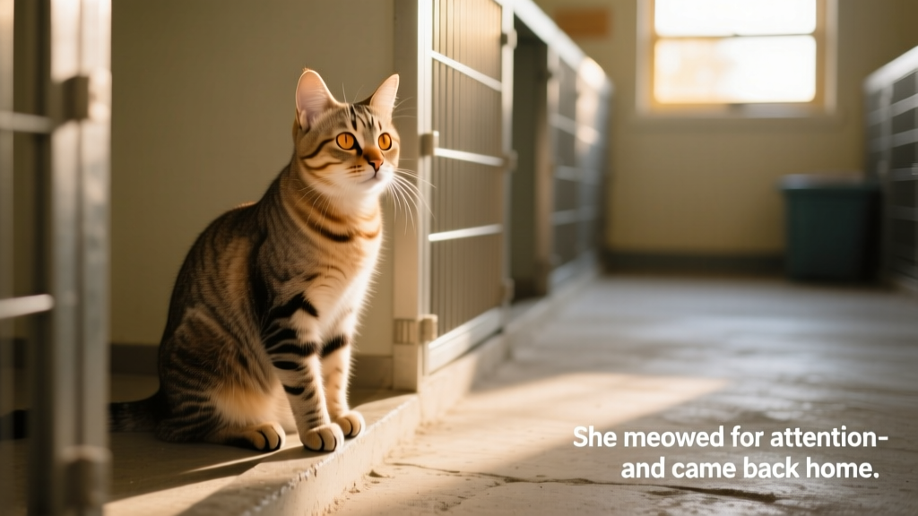 A gentle tabby cat sitting quietly in a shelter kennel, looking curious and calm