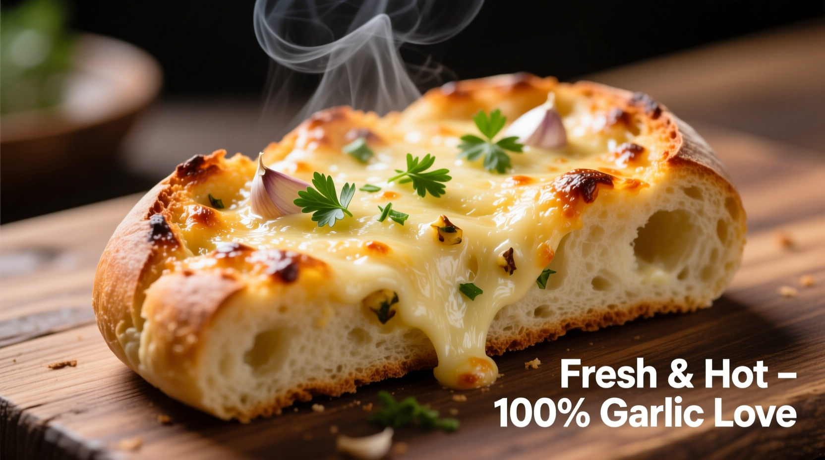 Freshly baked garlic cheesy bread with melted cheese topping