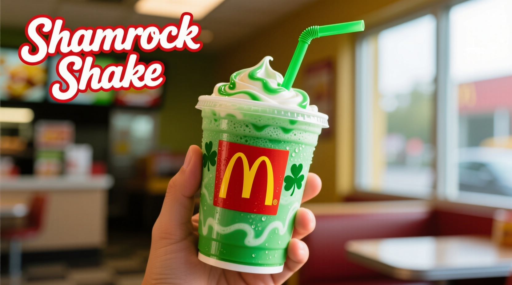 Shamrock Shake in a classic McDonald's cup with green straw