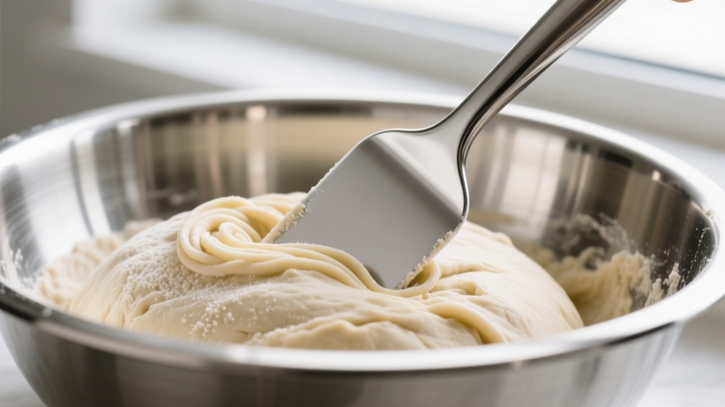 Close-up of a platinum-cured silicone dough scraper bending against stiff semolina pasta dough in a stainless steel bowl