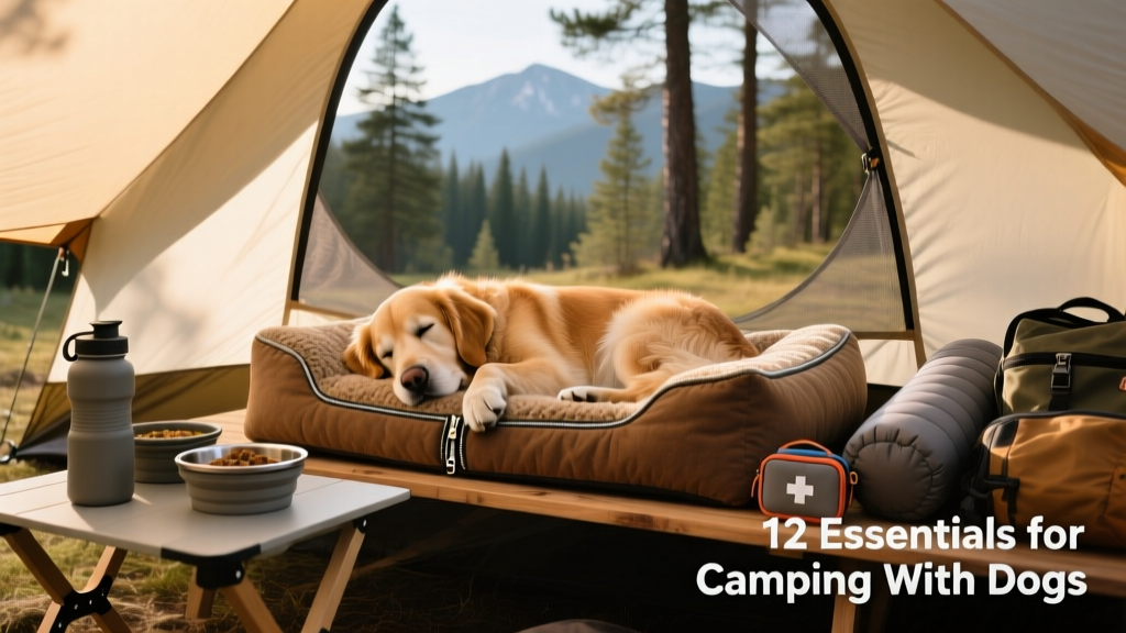 Elevated dog bed set up inside a tent with a sleeping dog and camping gear nearby