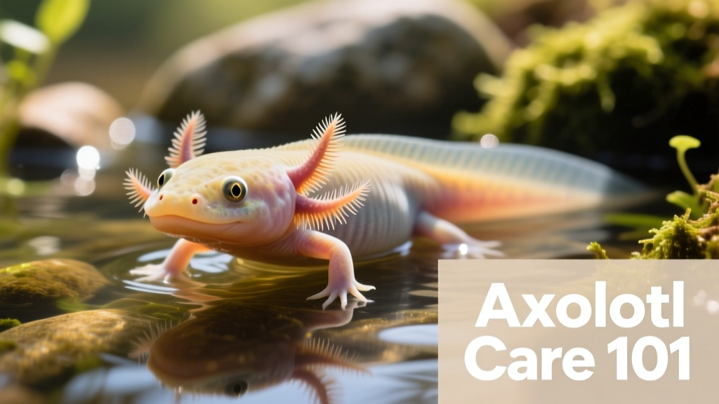 Close-up of a healthy axolotl swimming in clear water, showing its frilly gills and expressive eyes