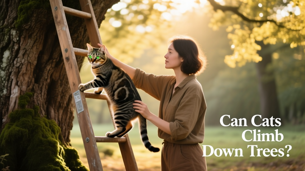 A person gently holding a ladder against a tree trunk while a tabby cat begins stepping down onto it