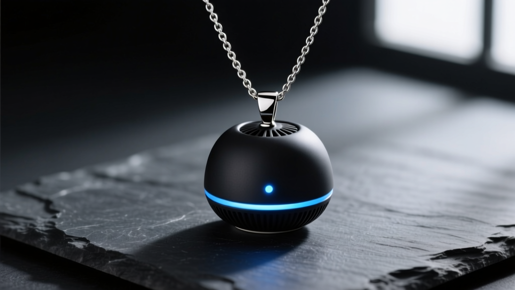 Matte-black ceramic air purifier necklace pendant on dark slate, featuring a glowing LED indicator and a polished titanium chain.