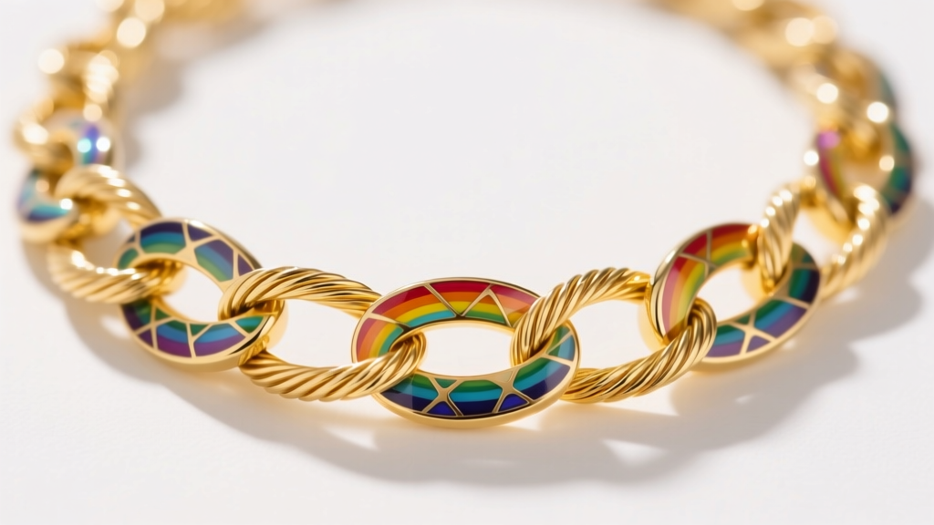 Macro shot of a vitreous enamel rainbow chain necklace showing translucent guilloché patterns on 18k yellow gold cable links.