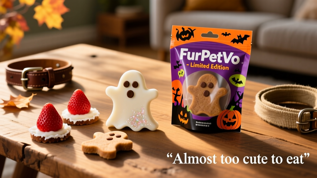 Side-by-side comparison of homemade strawberry ghost treats and store-bought FurPetVo Halloween dog treats in festive packaging