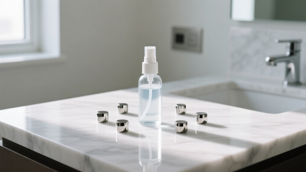 Sterile saline spray and titanium studs on a white marble counter, illuminated by soft natural window light in a clean bathroom.