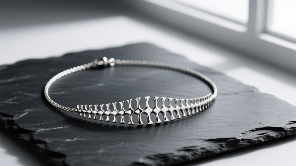 Sterling silver spinal cord necklace on dark slate, highlighting intricate vertebrae links and a delicate cable chain design