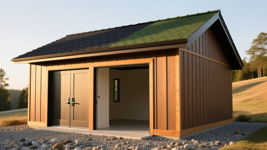Finished 12x16 wood-framed storage building with LP SmartSide siding, architectural shingle roof, and double doors on a gravel pad