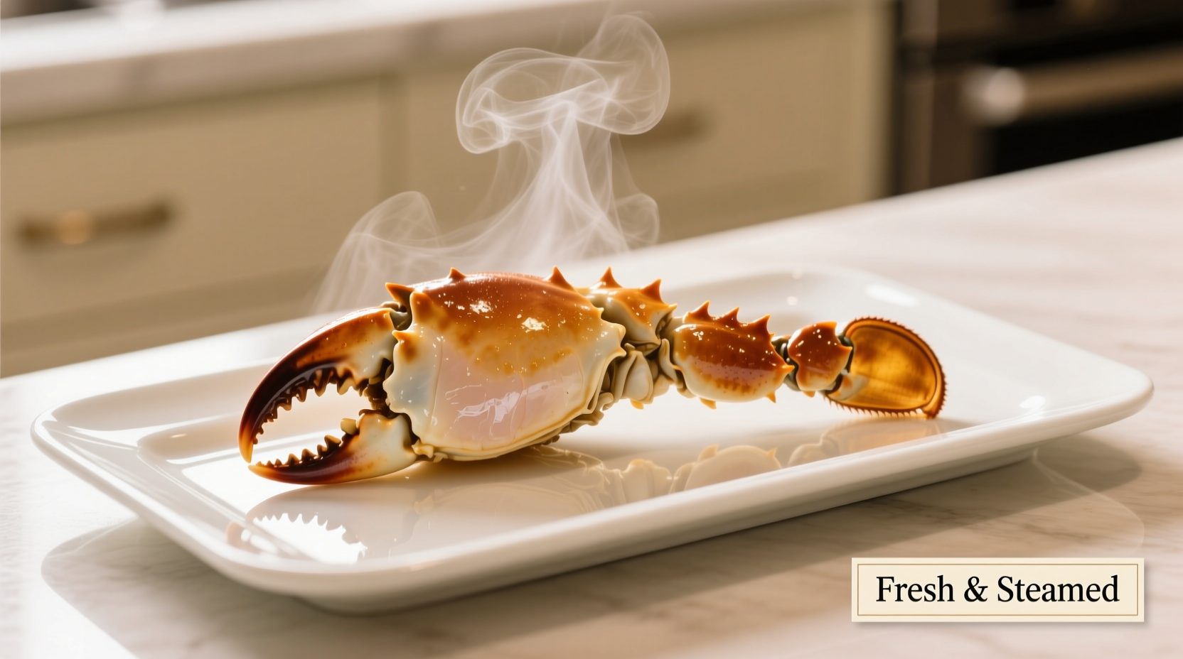 Perfectly cooked crab legs on steaming tray