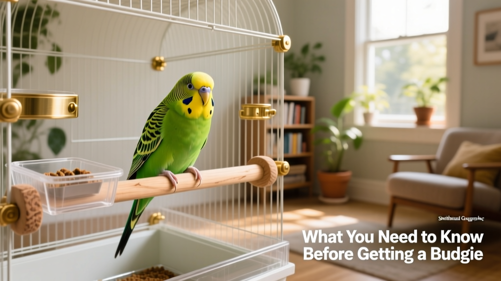 A cheerful budgie perched on a natural wooden perch inside a spacious, well-equipped cage