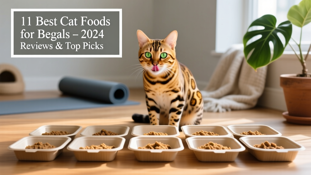 Fresh FurPetVo cat food portions in recyclable trays, arranged neatly beside a Bengal cat licking its lips