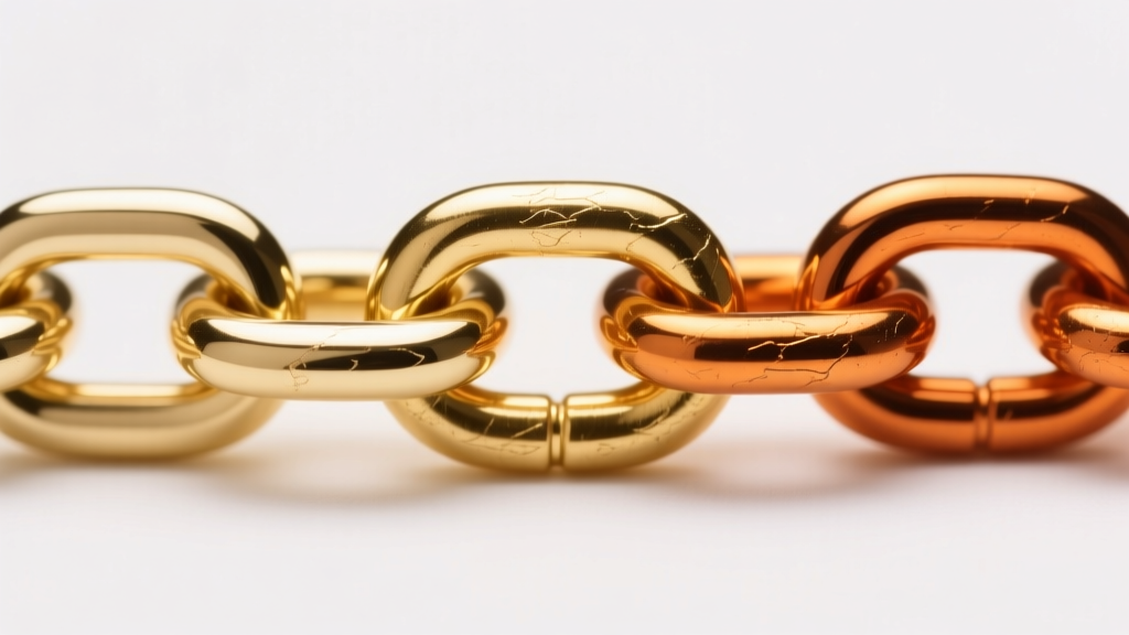 Macro shot of three gold chain links together, showing pale 10k, rich 14k, and deep orange 18k gold under bright studio lighting.