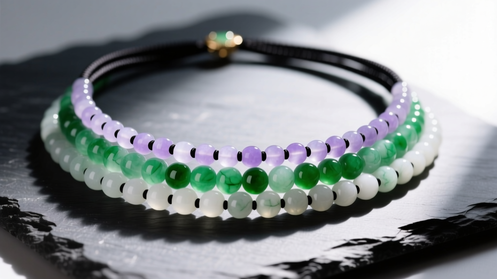 Macro shot of a multi color jade necklace showing green, lavender, and white jadeite beads on silk, resting on dark slate.