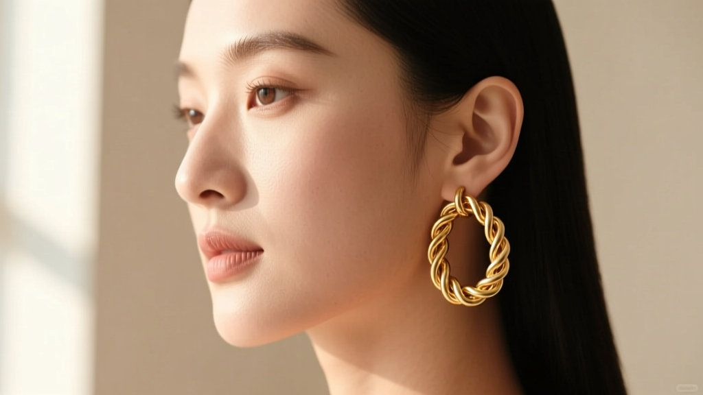 Profile of a woman wearing 25mm 18k gold rope chain hoop earrings, highlighting twisted textures against soft natural window light