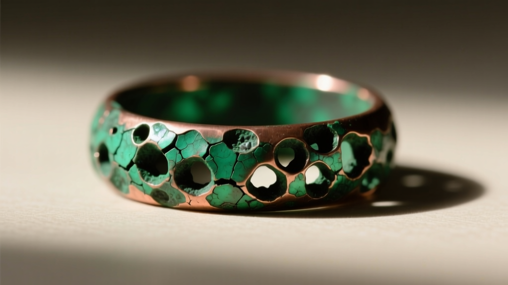 Macro photography of a green oxidized copper alloy ring band, highlighting the porous texture and dark patina buildup