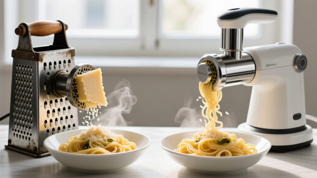 Side-by-side comparison of a traditional steel box grater and a modern electric rotary grater dispensing parmesan onto hot pasta