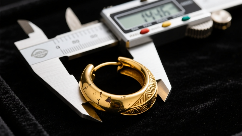 Close-up of digital calipers measuring a thick vintage 14k yellow gold hoop earring on dark velvet under bright studio lighting