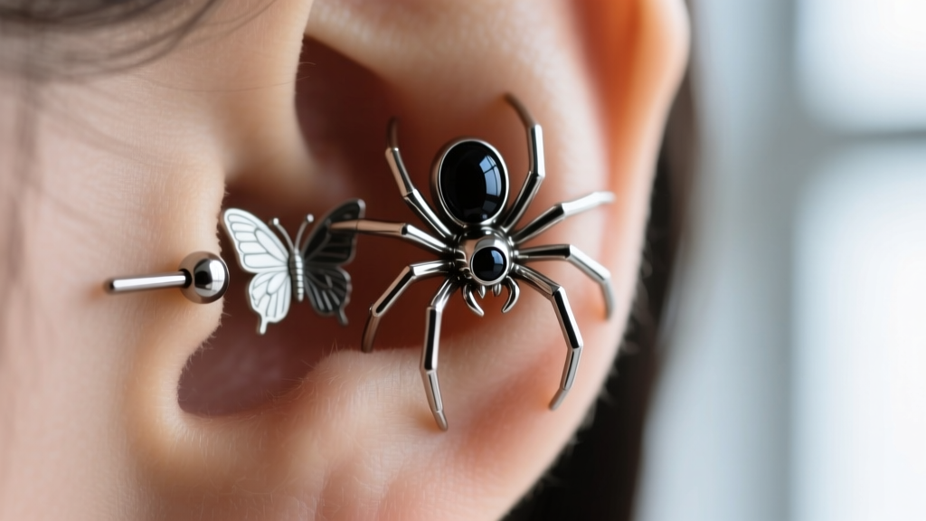 Macro shot of a titanium spider stud with onyx eyes in an 18-gauge lobe piercing, soft daylight, showing the secure butterfly back.