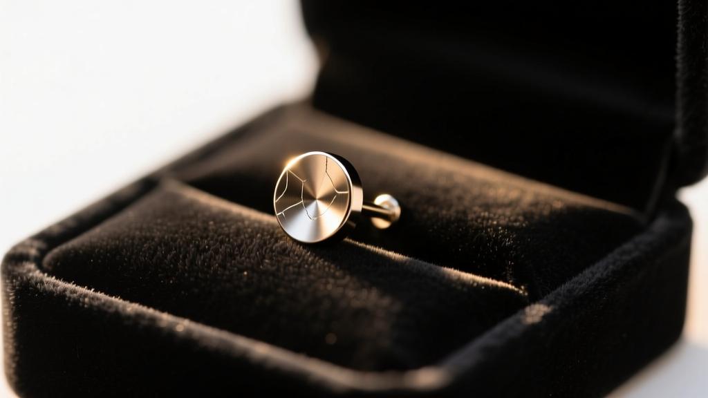 Macro photo of a 16-gauge titanium flat back stud resting on a pristine velvet ring box, illuminated by soft, warm studio lighting