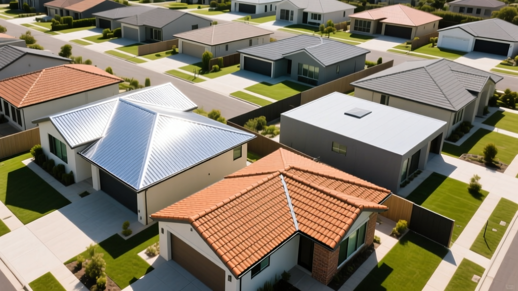Aerial view of a modern suburban neighborhood showcasing diverse roofing material options including standing seam metal and clay tiles