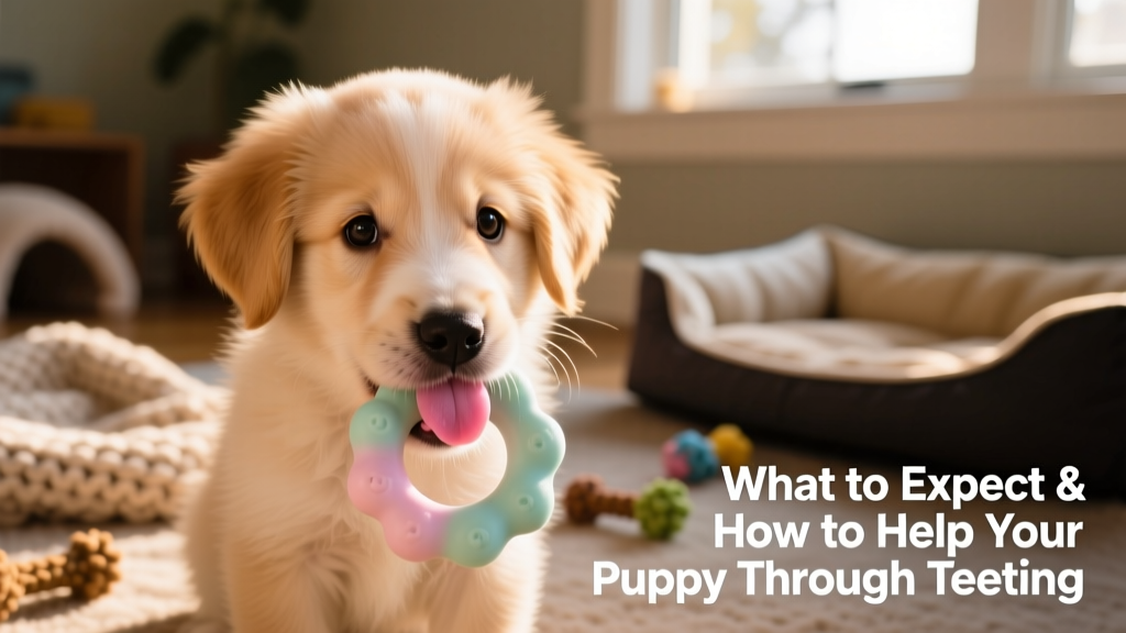 Close-up of a young puppy gently chewing on a soft rubber teething toy
