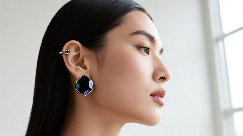 Model wearing a 16-gauge black onyx huggie earring on a cartilage helix piercing, with hair tucked back to reveal the ear profile