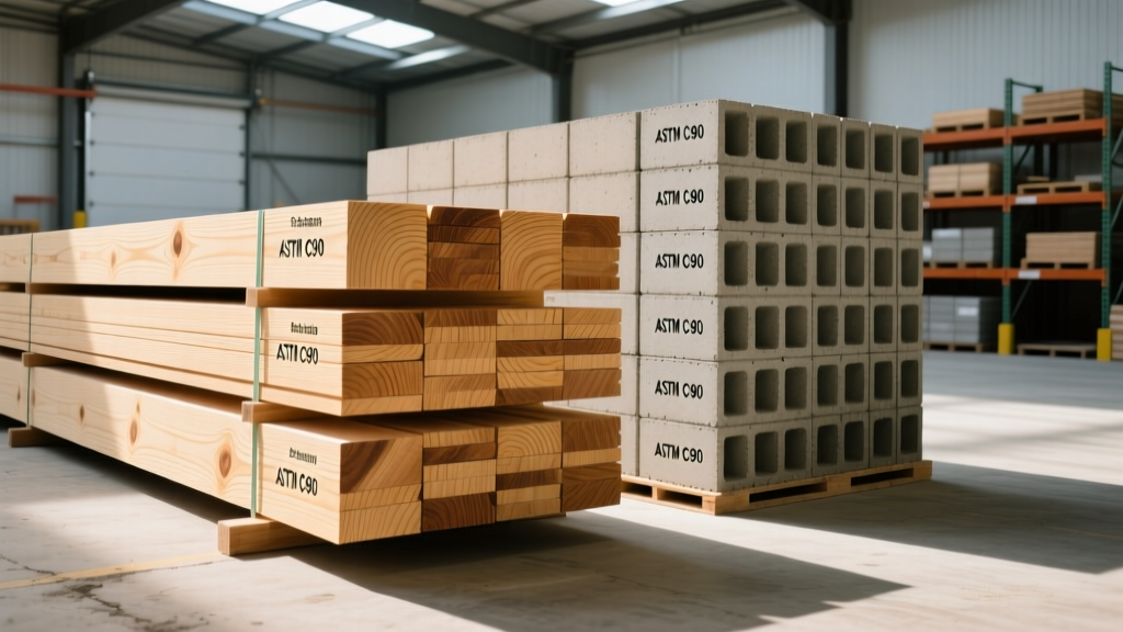 Grade-stamped Southern Yellow Pine lumber and stacked ASTM C90 concrete masonry units at a regional building supply yard