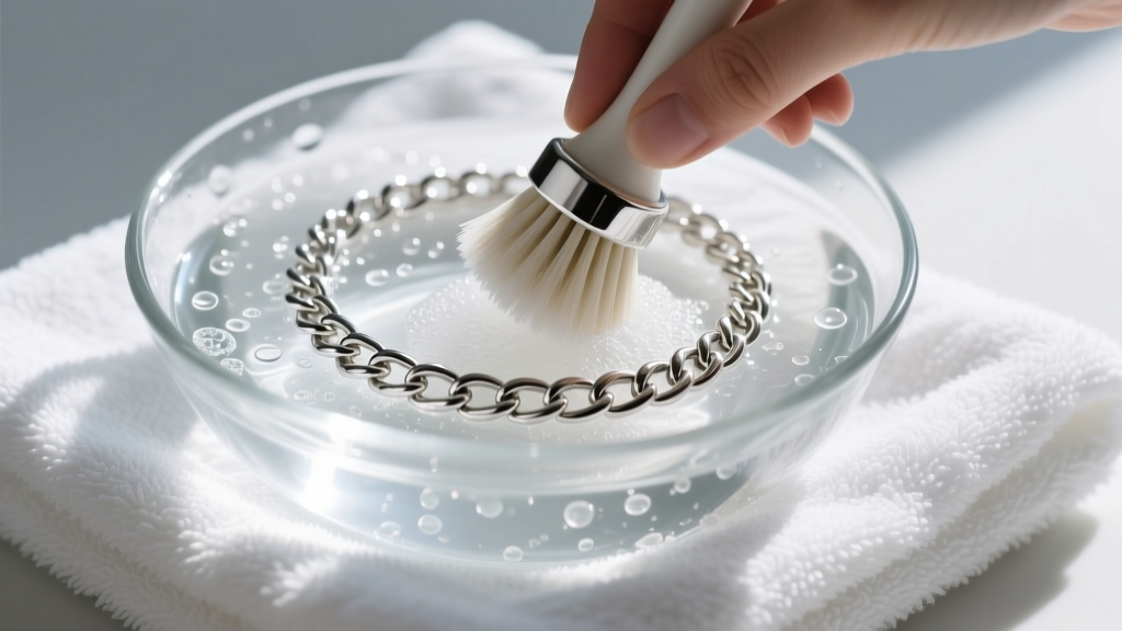 Sterling silver chain choker scrubbed with a soft brush and soapy water in a glass bowl on a microfiber towel.