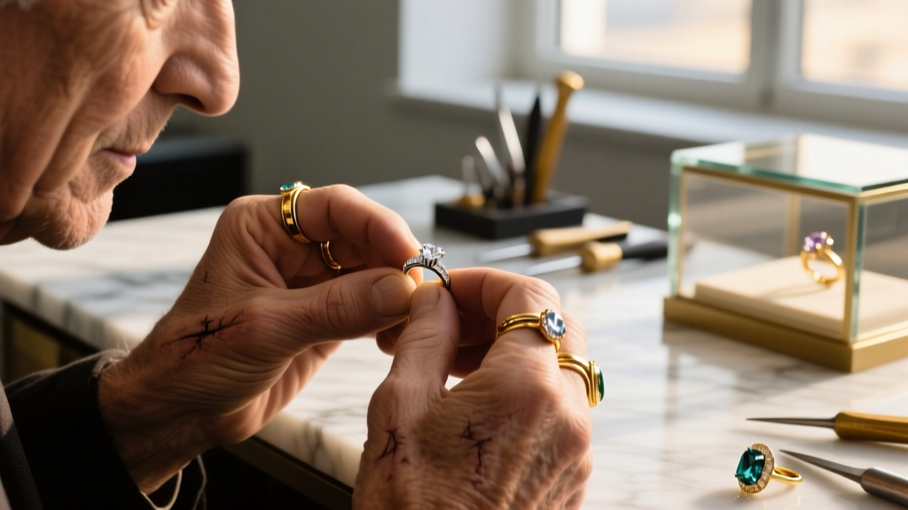 Close-up of a jeweler's loupe examining a hallmark stamp on a white gold hoop earring under bright, focused LED task lighting