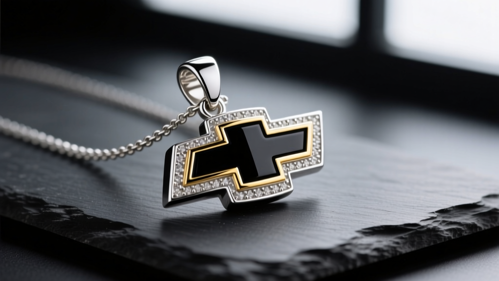 Macro shot of a sterling silver Chevrolet bowtie pendant necklace with black and gold cold enamel jewelry resting on dark slate