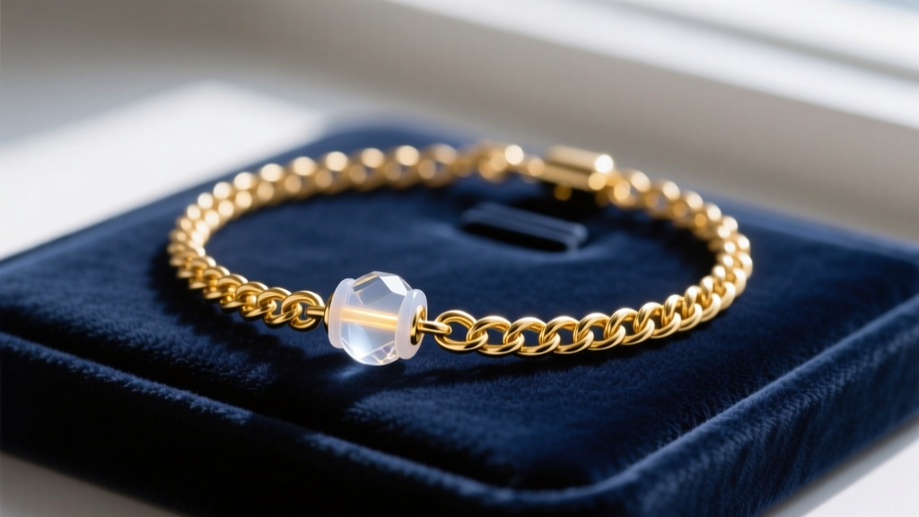 Close-up of a delicate 18k gold cable chain adjusted with a translucent silicone slider bead on a dark velvet jewelry display pad.