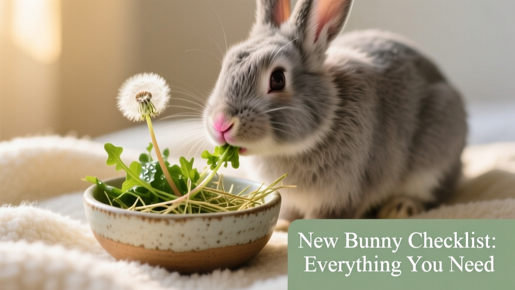 Close-up of a rabbit munching fresh dandelion greens and timothy hay from a ceramic bowl on a clean fleece surface
