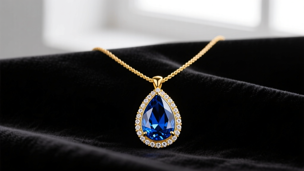 18k yellow gold necklace with a pear-cut London blue topaz pendant and micro-pave diamond halo resting on dark velvet fabric