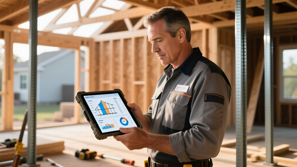 Construction project manager reviewing digital blueprints and cost estimates on a rugged tablet at an active residential framing site