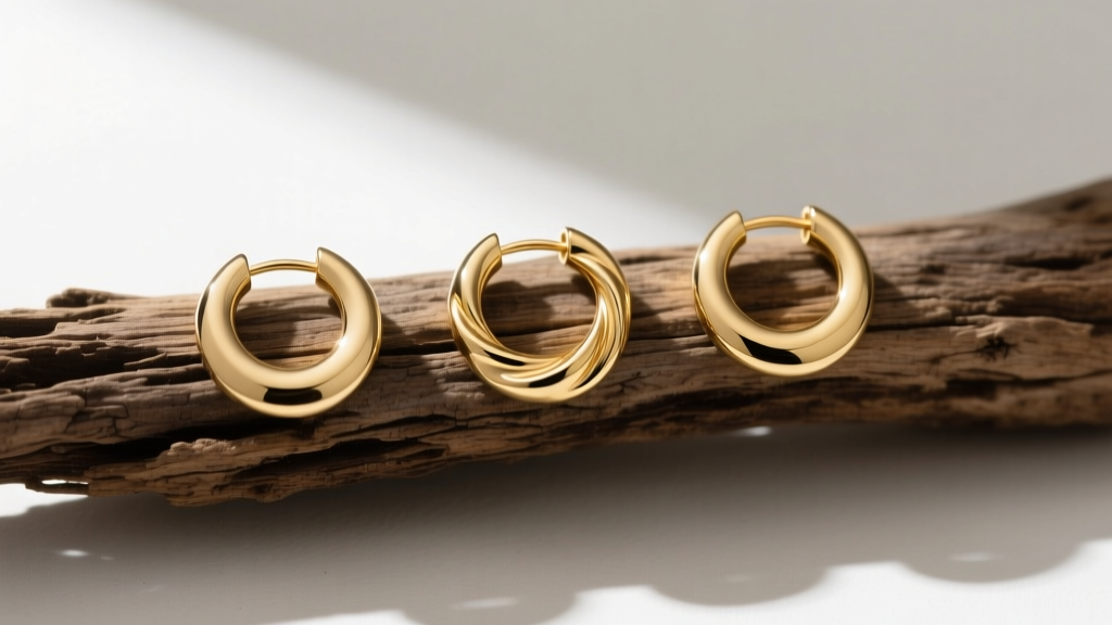 Flat lay of three maritime-inspired gold hoop earrings on weathered driftwood, showing 14k and 18k variations, soft daylight