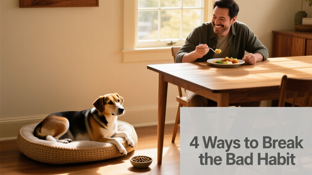 A dog lying calmly on a designated bed near the dining table while their owner enjoys a meal