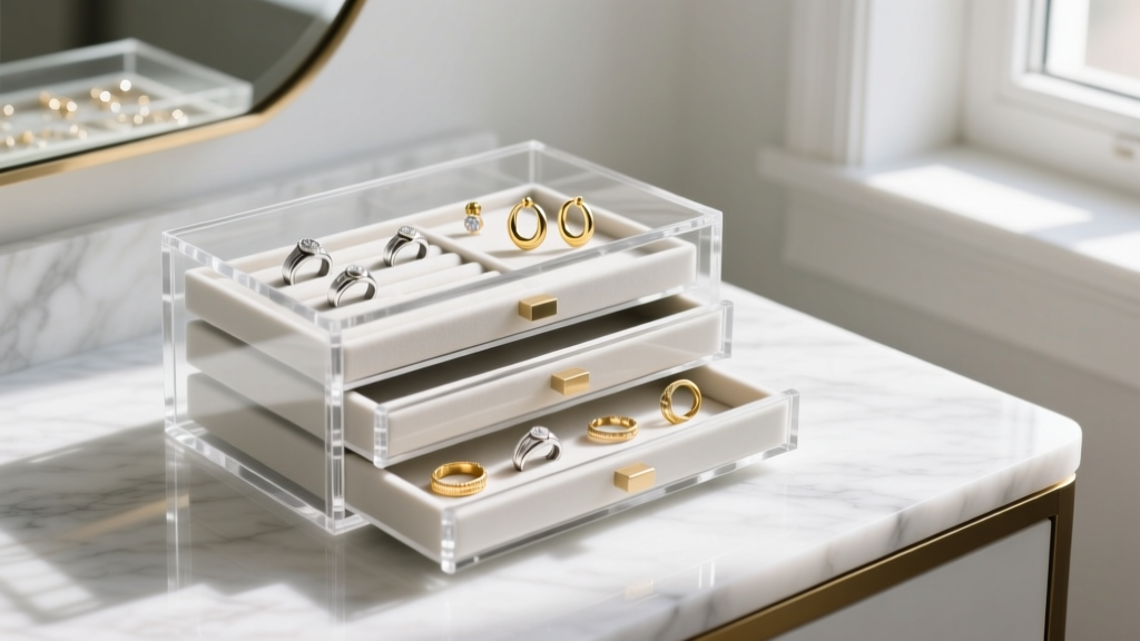 Clear cast acrylic jewelry organizer box with drawers on a marble vanity, holding silver rings and gold hoop earrings.