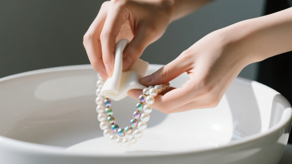 Hands gently wiping a multi-strand mother-of-pearl heishi necklace with a damp microfiber cloth over a white ceramic basin.
