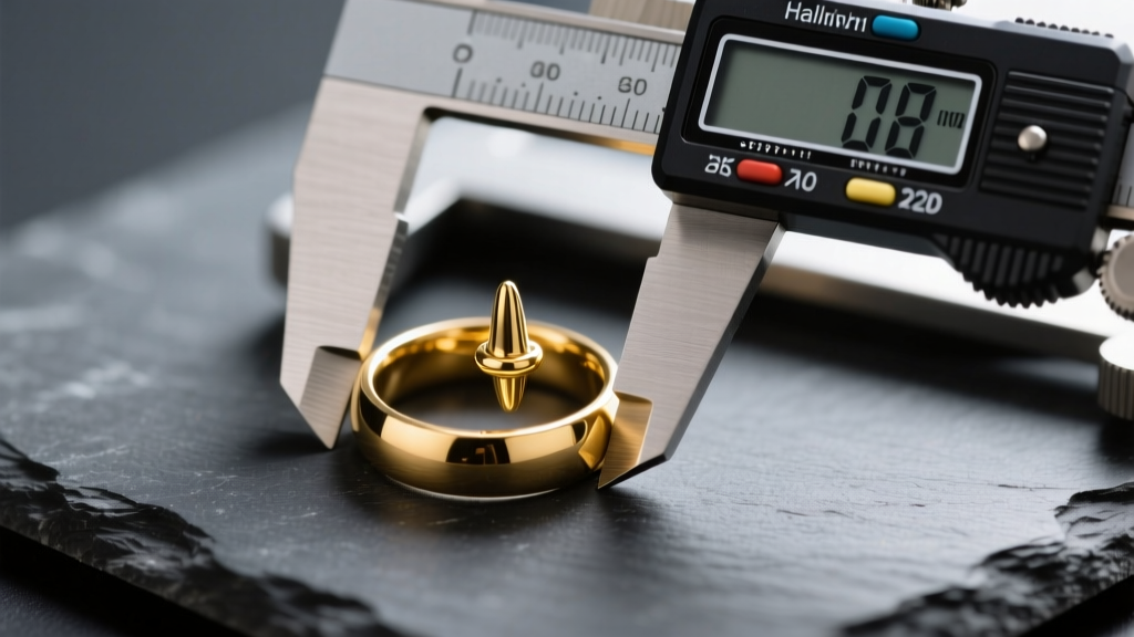Close-up of a digital caliper measuring the inner diameter of a gold septum clicker ring on a dark slate surface background