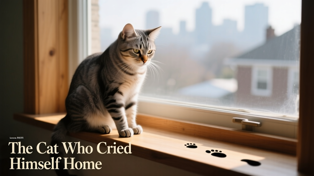 A calm gray tabby cat sitting peacefully on a sunlit windowsill
