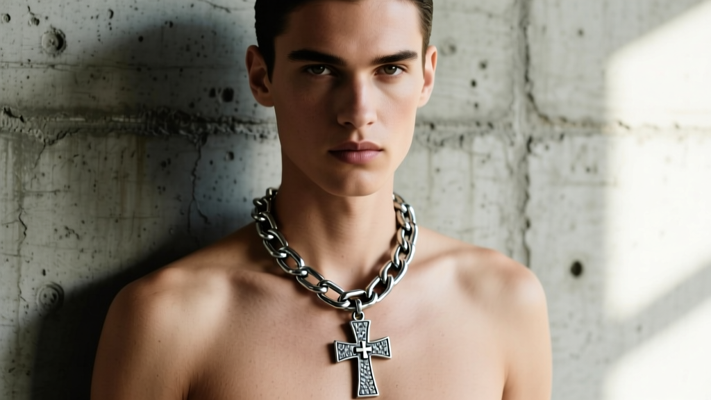Model wearing a 5mm steel Cuban chain and oxidized silver Swiss cross pendant against a textured concrete wall in soft daylight