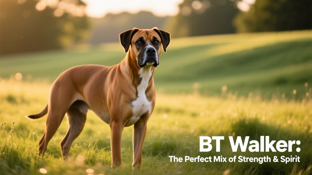 A lively BT Walker standing alert in a grassy field, showcasing its muscular build and short, glossy coat