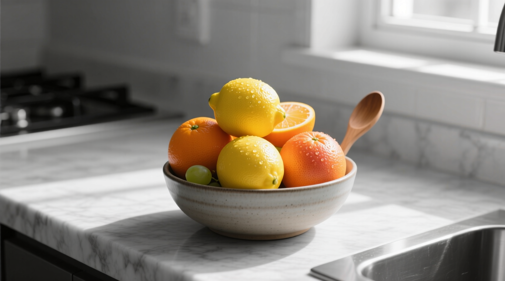 Breakfast hours: Citrus bowl on counter - lasts 3x longer than berries for morning visibility