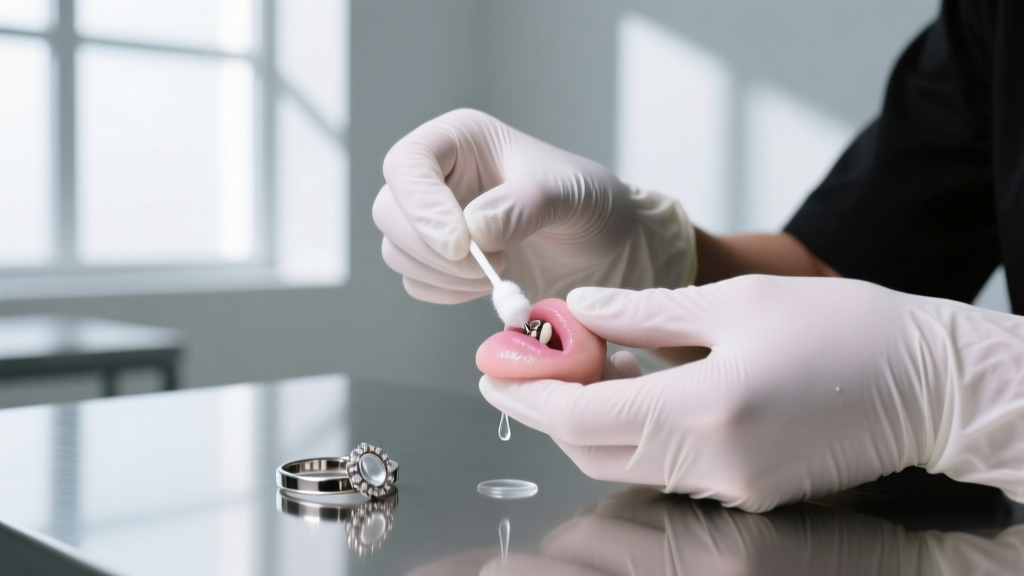 Piercer in nitrile gloves cleaning a cartilage piercing with a sterile cotton swab and saline solution in a bright modern studio