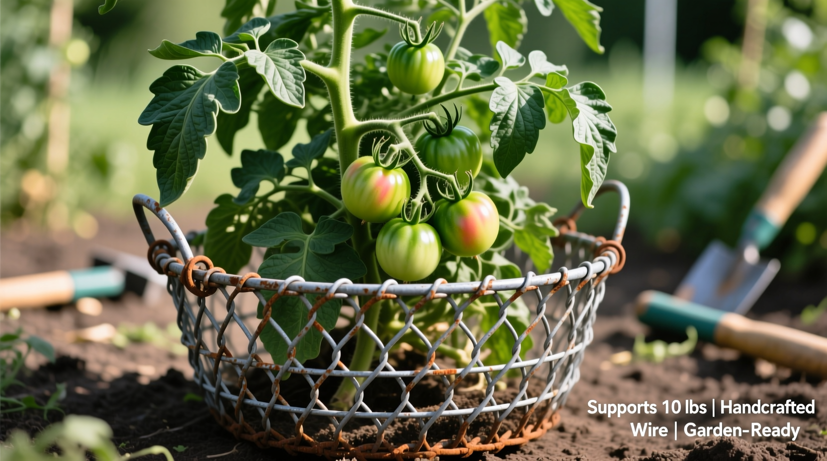 Sturdy wire tomato basket supporting healthy indeterminate tomato plant